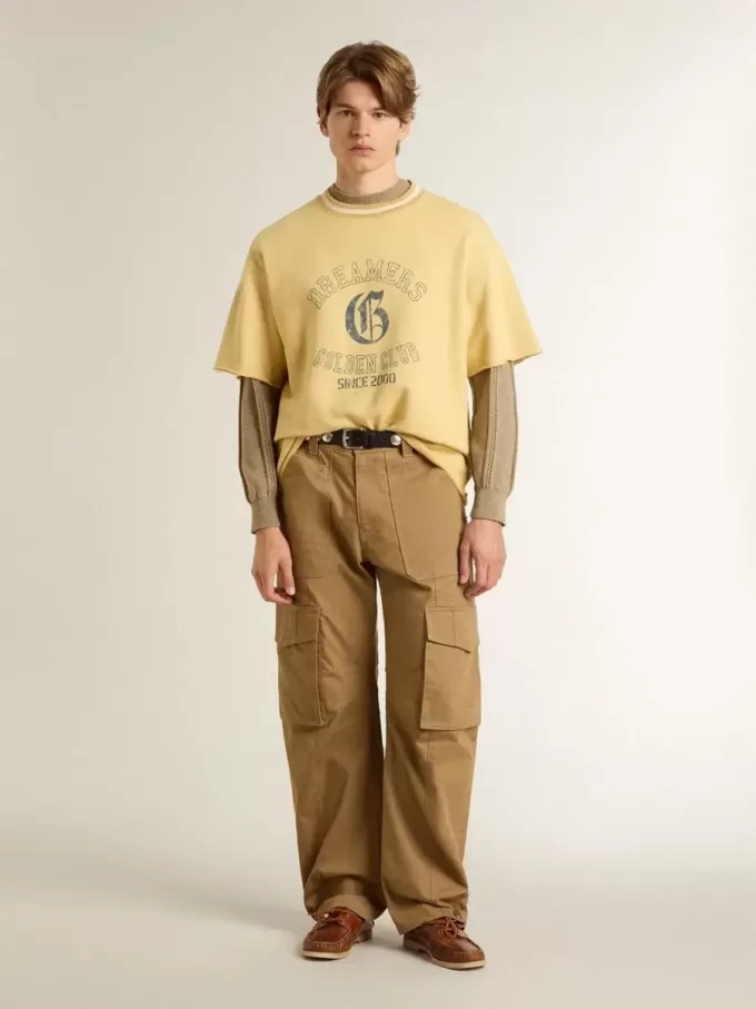 Tricou oversized din bumbac galben pentru bărbați, cu imprimeu albastru Tricou oversized din bumbac galben pentru bărbați, cu imprimeu albastru