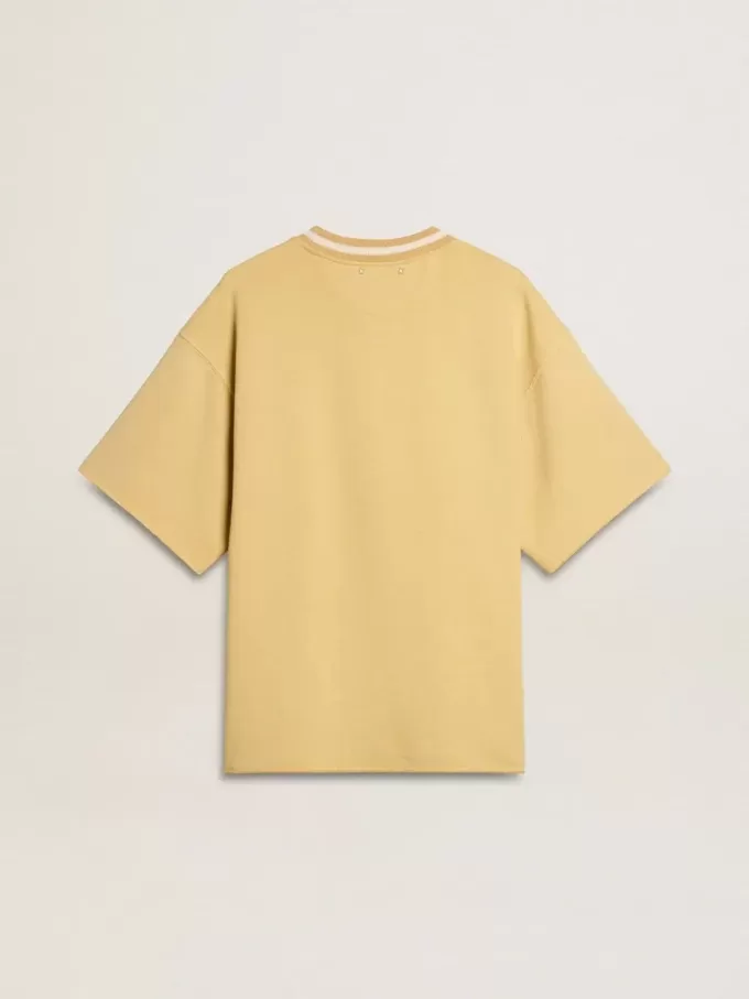 Tricou oversized din bumbac galben pentru bărbați, cu imprimeu albastru Tricou oversized din bumbac galben pentru bărbați, cu imprimeu albastru