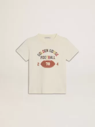 Tricou pentru băieți, de culoare albă uzată, cu inscripții multicolore