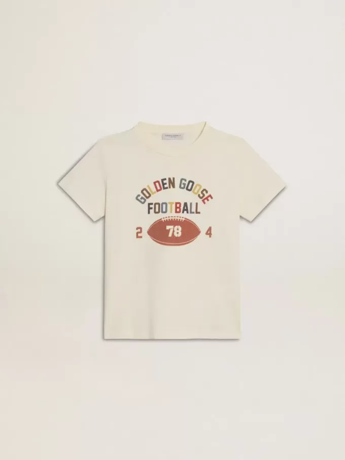 Tricou pentru băieți, de culoare albă uzată, cu inscripții multicolore