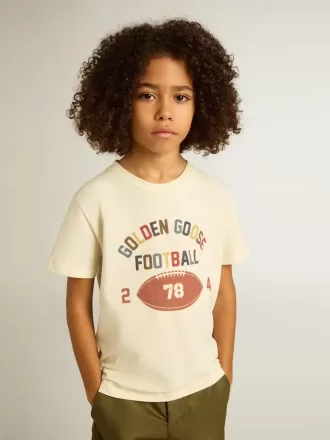 Tricou pentru băieți, de culoare albă uzată, cu inscripții multicolore