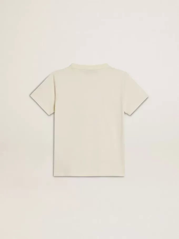 Tricou pentru băieți, de culoare albă uzată, cu inscripții multicolore