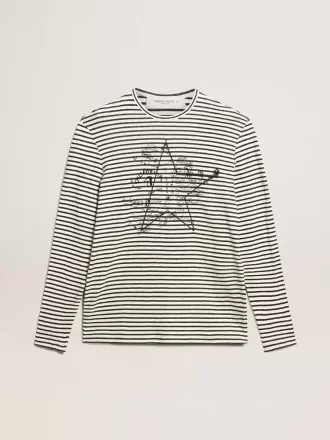 Tricou pentru bărbați cu dungi albe și albastre și broderie pe partea din față