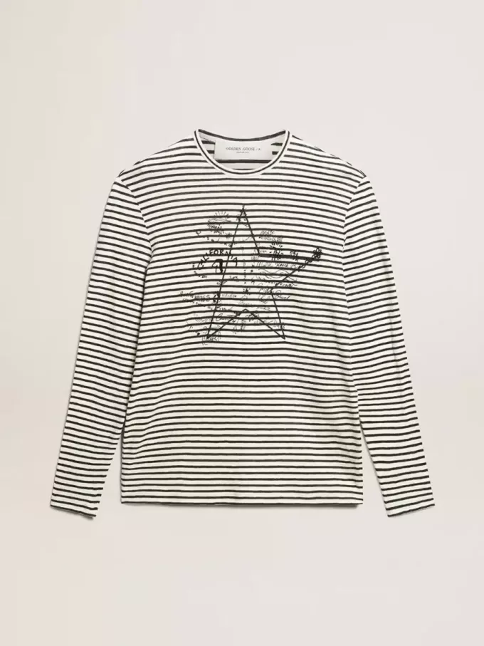 Tricou pentru bărbați cu dungi albe și albastre și broderie pe partea din față Tricou pentru bărbați cu dungi albe și albastre și broderie pe partea din față