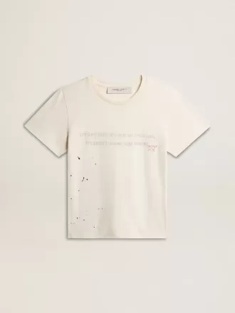 Tricou pentru bărbați din bumbac alb învechit, cu imprimeu și broderie