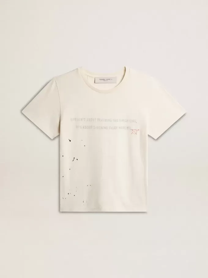 Tricou pentru bărbați din bumbac alb învechit, cu imprimeu și broderie Tricou pentru bărbați din bumbac alb învechit, cu imprimeu și broderie