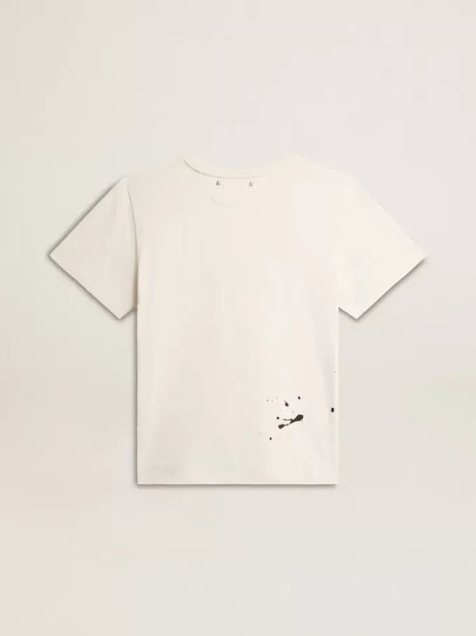 Tricou pentru bărbați din bumbac alb învechit, cu imprimeu și broderie Tricou pentru bărbați din bumbac alb învechit, cu imprimeu și broderie