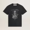 Tricou pentru bărbați din bumbac negru uzat, cu imprimeu pe față