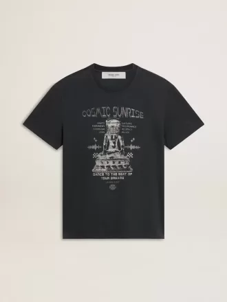 Tricou pentru bărbați din bumbac negru uzat, cu imprimeu pe față