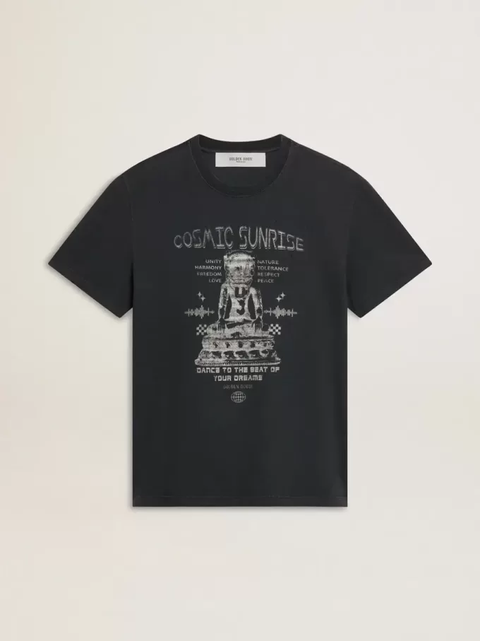 Tricou pentru bărbați din bumbac negru uzat, cu imprimeu pe față