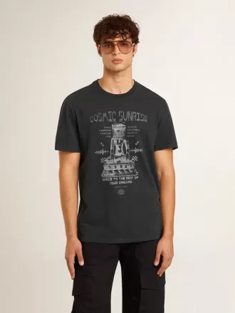 Tricou pentru bărbați din bumbac negru uzat, cu imprimeu pe față