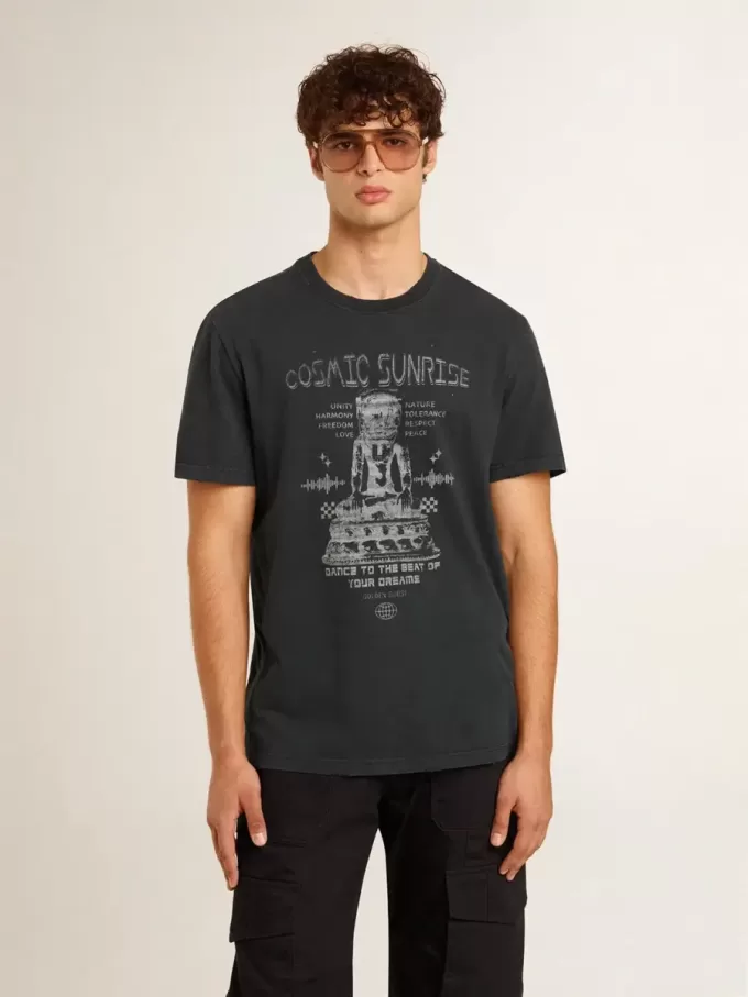 Tricou pentru bărbați din bumbac negru uzat, cu imprimeu pe față