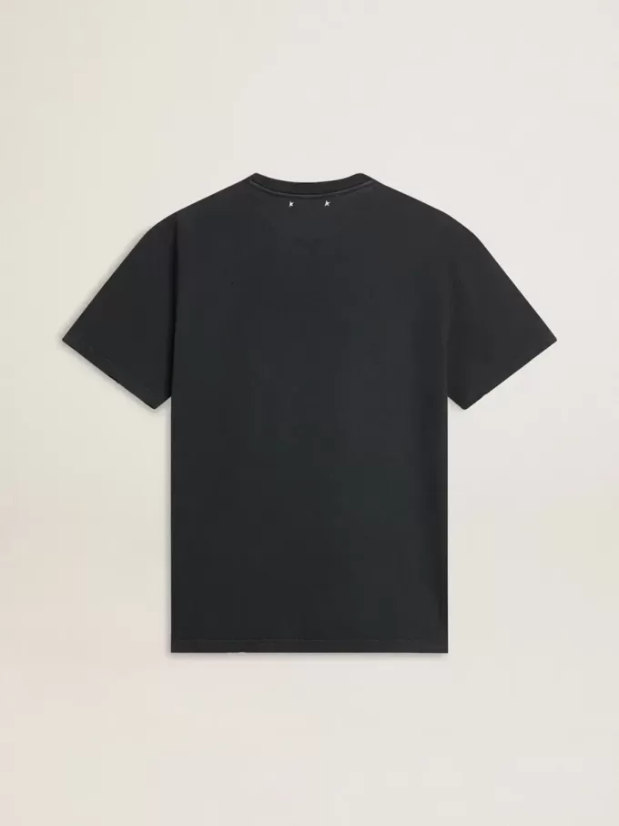 Tricou pentru bărbați din bumbac negru uzat, cu imprimeu pe față
