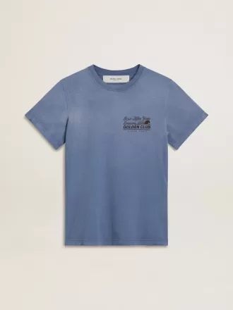 Tricou pentru femei, albastru deschis decolorat, cu imprimeu pe piept