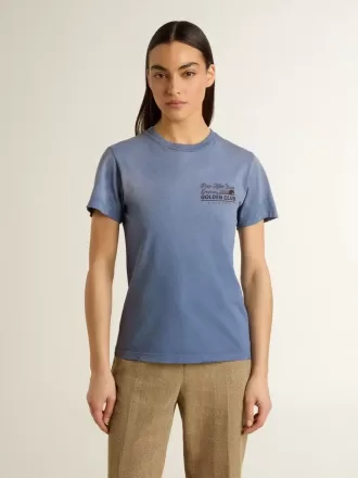 Tricou pentru femei, albastru deschis decolorat, cu imprimeu pe piept