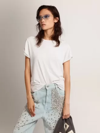 Tricou pentru femei, croi normal, aspect uzat, culoare albă