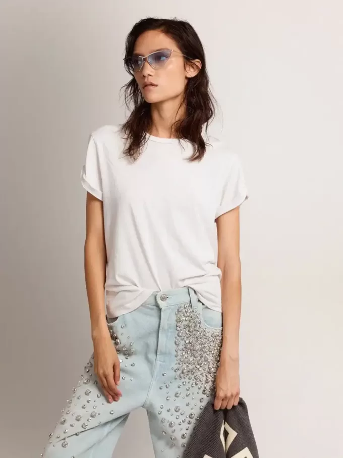 Tricou pentru femei, croi normal, aspect uzat, culoare albă Tricou pentru femei, croi normal, aspect uzat, culoare albă