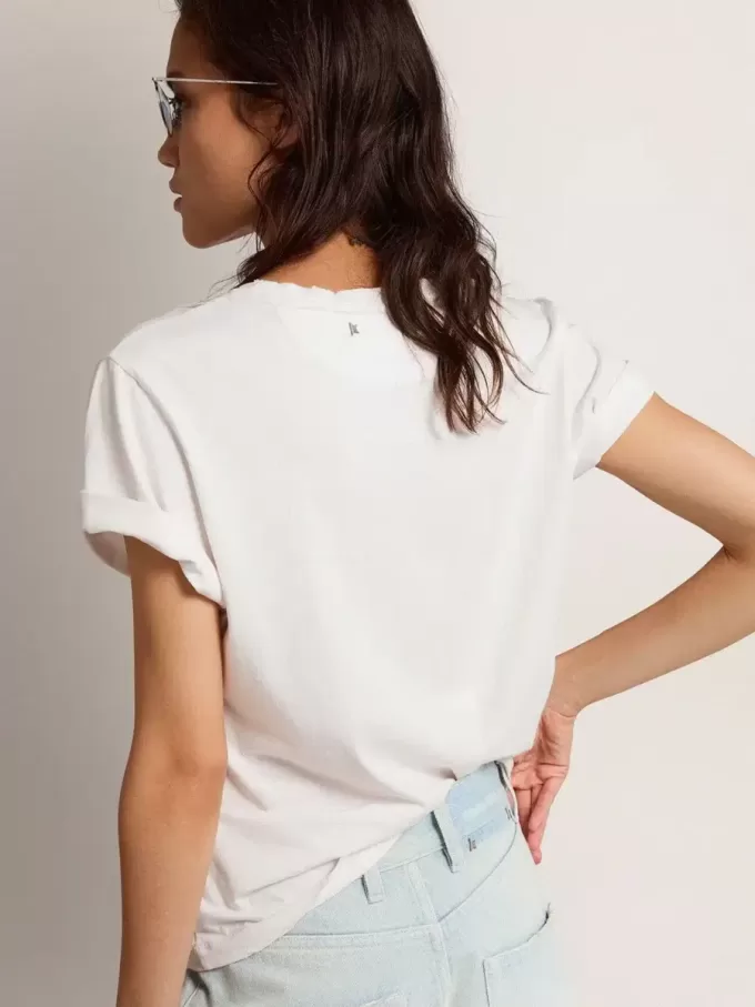 Tricou pentru femei, croi normal, aspect uzat, culoare albă Tricou pentru femei, croi normal, aspect uzat, culoare albă