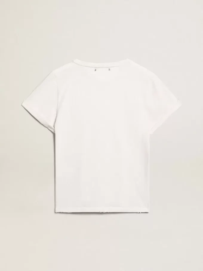 Tricou pentru femei, croi normal, aspect uzat, culoare albă Tricou pentru femei, croi normal, aspect uzat, culoare albă