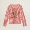 Tricou pentru femei cu dungi albe și roșii și broderie pe față Tricou pentru femei cu dungi albe și roșii și broderie pe față
