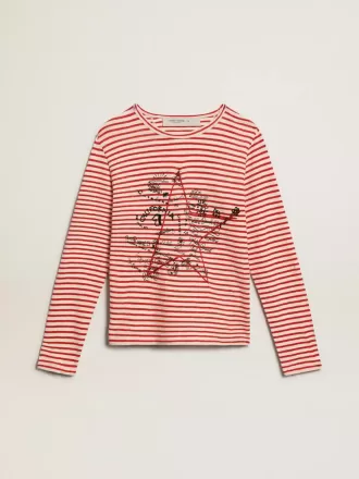 Tricou pentru femei cu dungi albe și roșii și broderie pe față