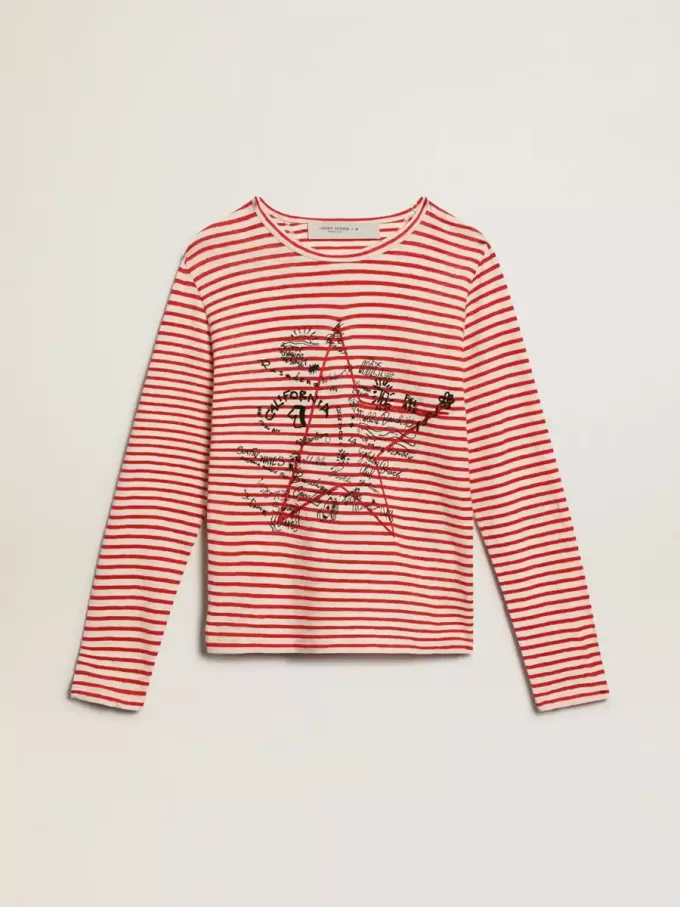 Tricou pentru femei cu dungi albe și roșii și broderie pe față Tricou pentru femei cu dungi albe și roșii și broderie pe față