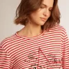 Tricou pentru femei cu dungi albe și roșii și broderie pe față Tricou pentru femei cu dungi albe și roșii și broderie pe față