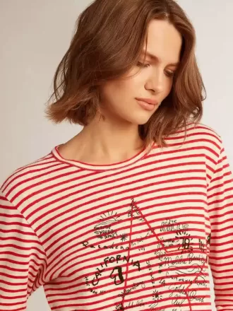 Tricou pentru femei cu dungi albe și roșii și broderie pe față