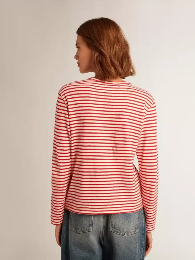 Tricou pentru femei cu dungi albe și roșii și broderie pe față Tricou pentru femei cu dungi albe și roșii și broderie pe față