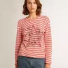 Tricou pentru femei cu dungi albe și roșii și broderie pe față Tricou pentru femei cu dungi albe și roșii și broderie pe față
