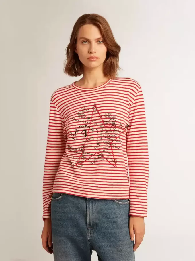 Tricou pentru femei cu dungi albe și roșii și broderie pe față Tricou pentru femei cu dungi albe și roșii și broderie pe față