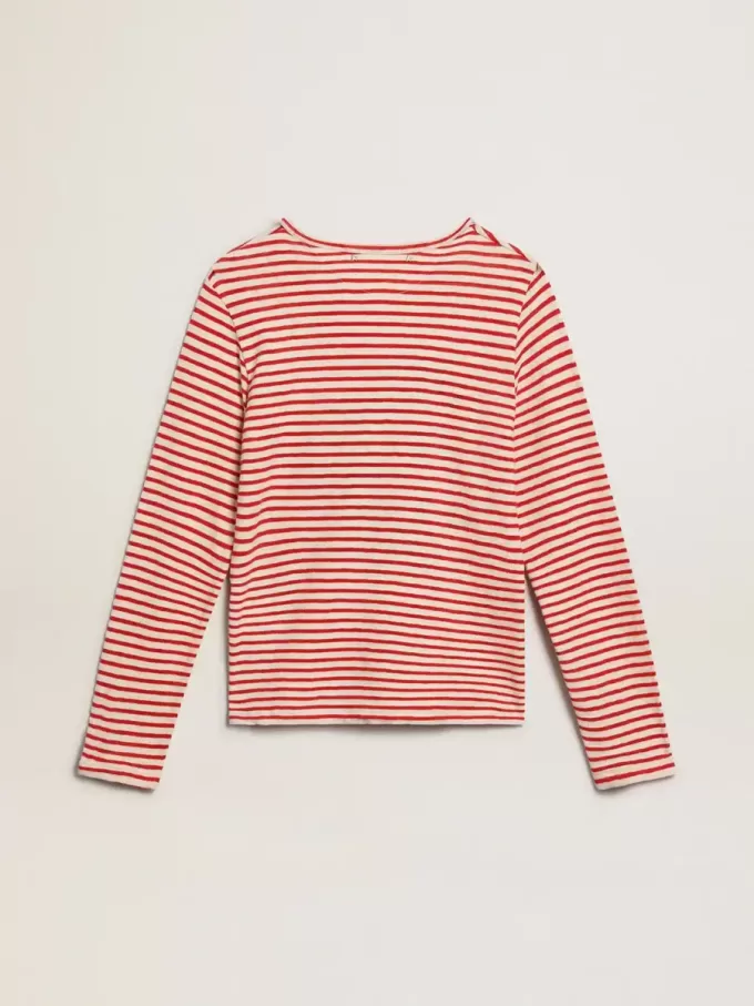 Tricou pentru femei cu dungi albe și roșii și broderie pe față Tricou pentru femei cu dungi albe și roșii și broderie pe față
