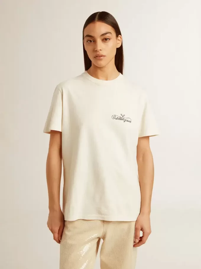 Tricou pentru femei, de culoare alb învechit, cu logo pe piept