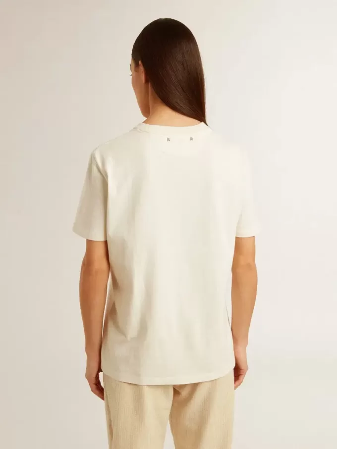Tricou pentru femei, de culoare alb învechit, cu logo pe piept