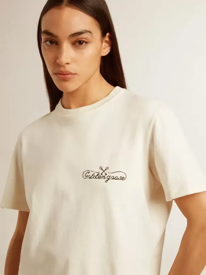 Tricou pentru femei, de culoare alb învechit, cu logo pe piept