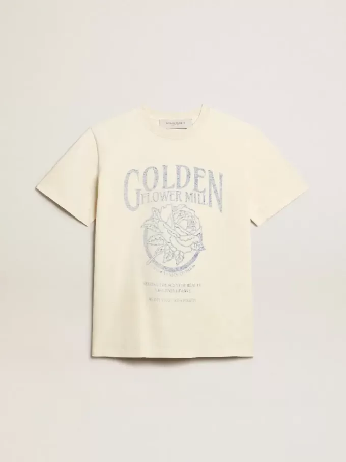 Tricou pentru femei din bumbac alb învechit, cu imprimeu sezonier Tricou pentru femei din bumbac alb învechit, cu imprimeu sezonier