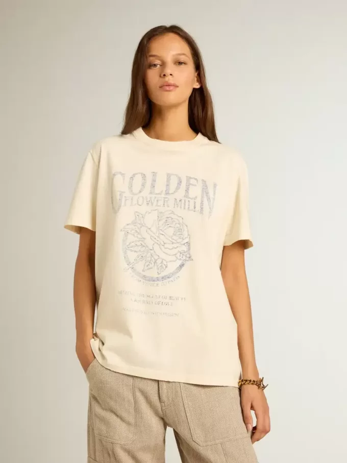 Tricou pentru femei din bumbac alb învechit, cu imprimeu sezonier Tricou pentru femei din bumbac alb învechit, cu imprimeu sezonier