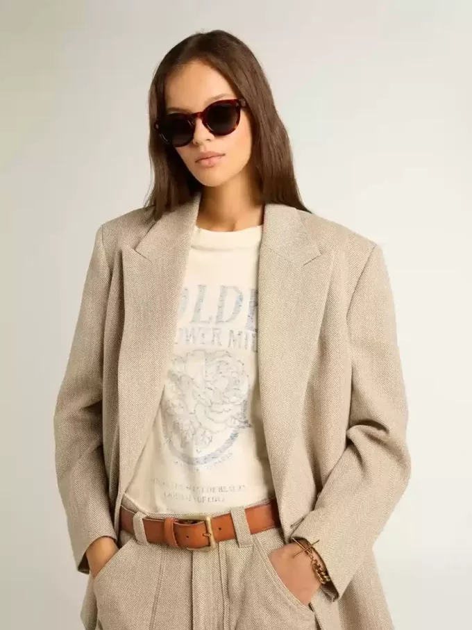 Tricou pentru femei din bumbac alb învechit, cu imprimeu sezonier Tricou pentru femei din bumbac alb învechit, cu imprimeu sezonier