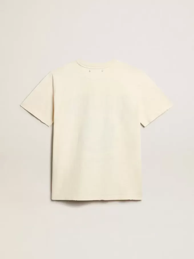 Tricou pentru femei din bumbac alb învechit, cu imprimeu sezonier Tricou pentru femei din bumbac alb învechit, cu imprimeu sezonier