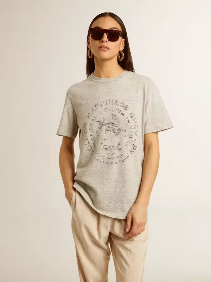 Tricou pentru femei din bumbac gri melanj cu imprimeu sezonier