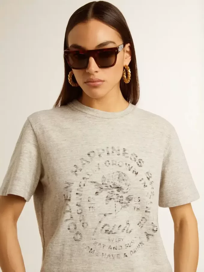 Tricou pentru femei din bumbac gri melanj cu imprimeu sezonier