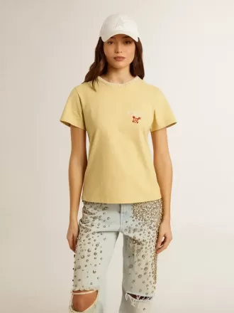 Tricou pentru femei din bumbac jersey cu broderie pe gât și pe piept