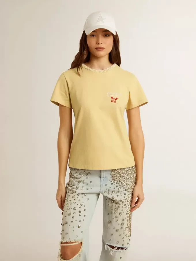 Tricou pentru femei din bumbac jersey cu broderie pe gât și pe piept Tricou pentru femei din bumbac jersey cu broderie pe gât și pe piept