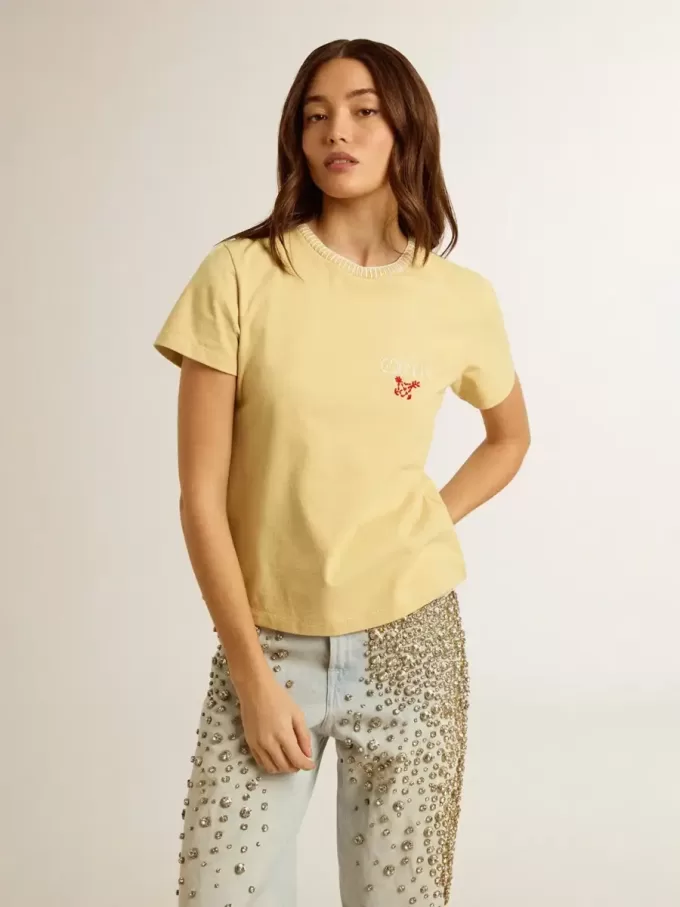 Tricou pentru femei din bumbac jersey cu broderie pe gât și pe piept Tricou pentru femei din bumbac jersey cu broderie pe gât și pe piept