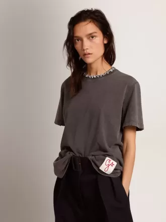 Tricou pentru femei, gri antracit, cu cristale