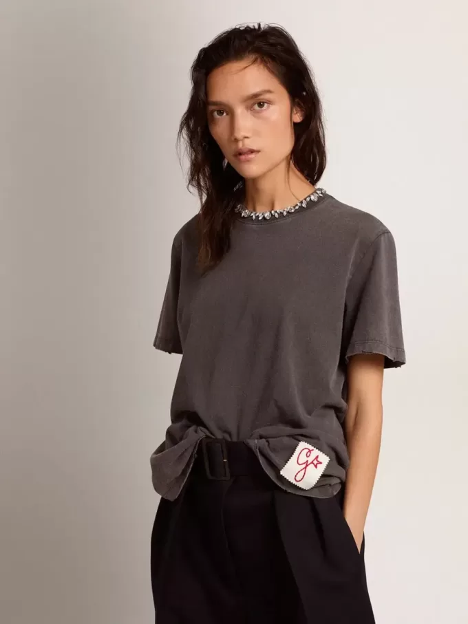 Tricou pentru femei, gri antracit, cu cristale Tricou pentru femei, gri antracit, cu cristale