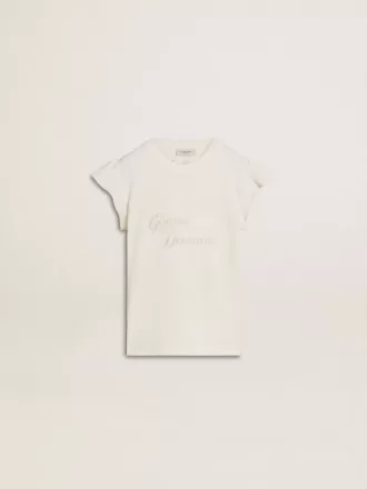 Tricou pentru fete cu mâneci cu volane, inscripții și broderii