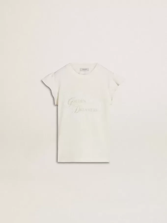 Tricou pentru fete cu mâneci cu volane, inscripții și broderii