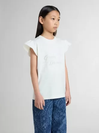 Tricou pentru fete cu mâneci cu volane, inscripții și broderii
