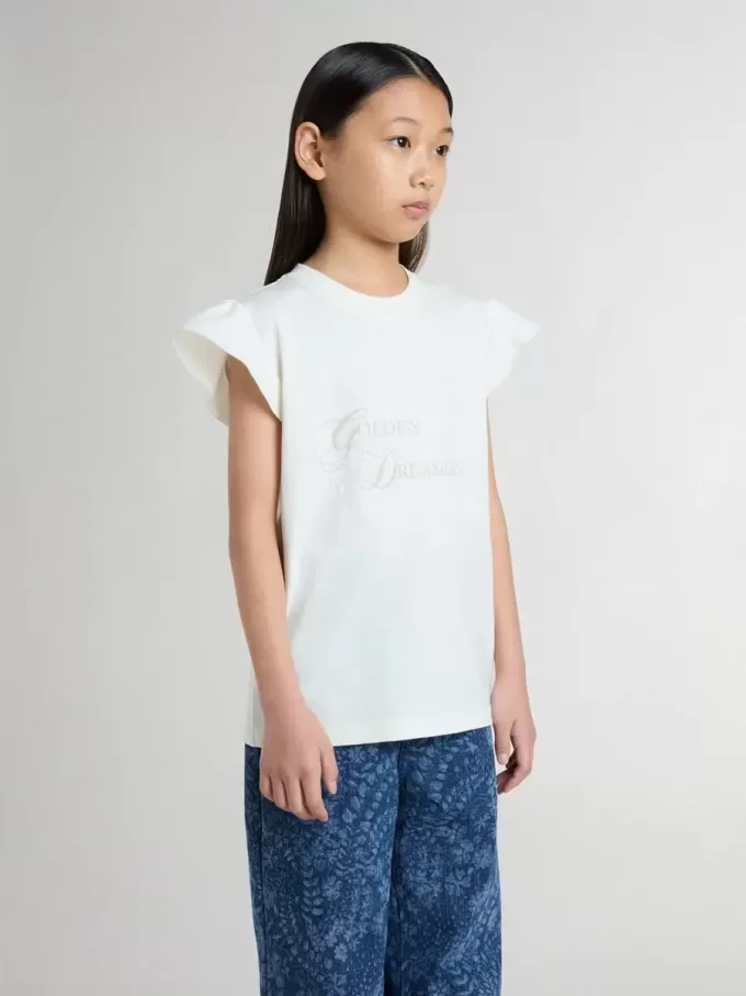 Tricou pentru fete cu mâneci cu volane, inscripții și broderii
